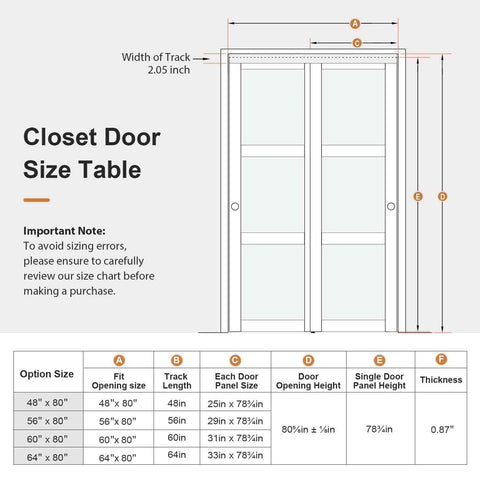 Diagram of Double 25 Inch Sliding Closet Door Set For Bedroom with dimensions and size table for 48 by 80 inch frosted panels.