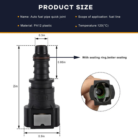 Black nylon fuel line quick connector with sealing ring for 3/8 SAE to 5/16 ID hoses