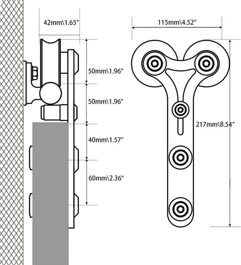 Technical diagram of Y Shape Rollers for 8Ft Stainless Steel Sliding Barn Door Hardware Kit With Quiet Glide Built To Last.