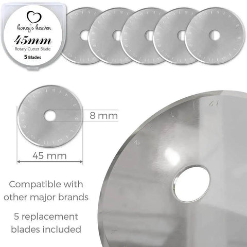 Five replacement blades for Turquoise Rotary Cutter Set For Quilting And Crafting, 45mm Fabric Cutter Kit Pro shown in packaging.