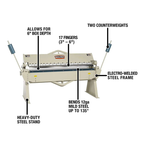 Workhorse 72 Inch Box And Pan Brake For 12 Gauge Steel, 135 Degree Bend, With 17 Hardened Fingers, Three Piece Design