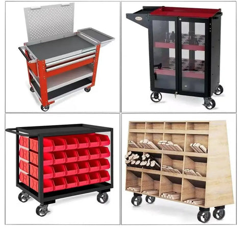 Heavy Duty Cast Iron And Steel Caster Wheels Set Of 4 With Rigid Brackets And Four Brakes on tool carts and storage units.
