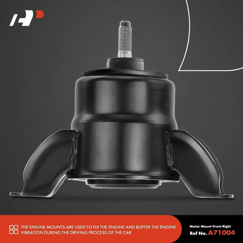 Front view of black engine mount, part of the 3 Piece Engine Mount And Transmission Mount Set For Hyundai Accent 2012 2017 Elantra 2011 2016 Elantra Coupe 2014 Veloster 2012 2014 Kia Forte 2014 2018 Forte Koup 2014 2016 Rio Automatic Transmission Direct Fit Heavy Duty Vibration Damping.