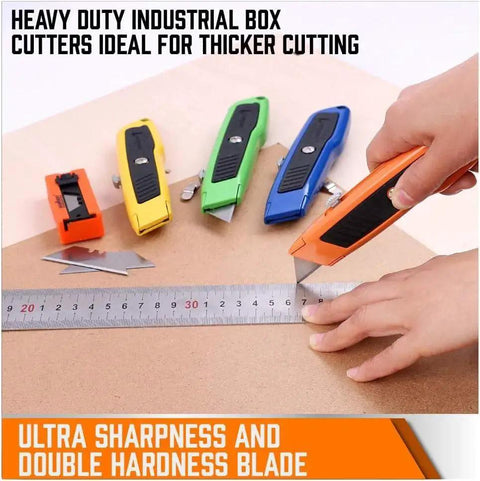4 Pack Heavy Duty Box Cutter Knives With Aluminum Handle Retractable Blades SK5 shown cutting with a measuring ruler