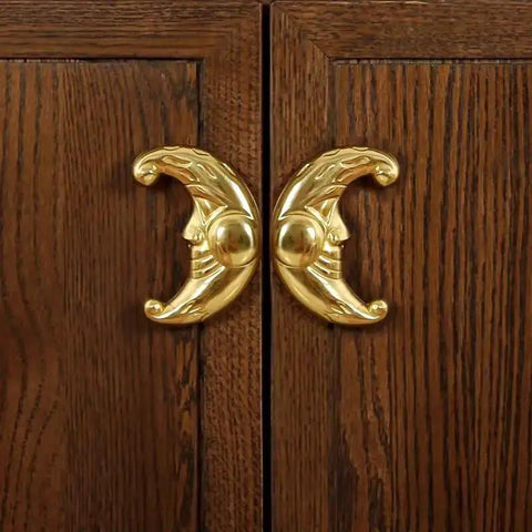 Sun Moon Cabinet Knobs Set, Solid Brass Antique Finish Drawer Pulls for Kitchen and Wardrobe on Wooden Cabinet Doors.