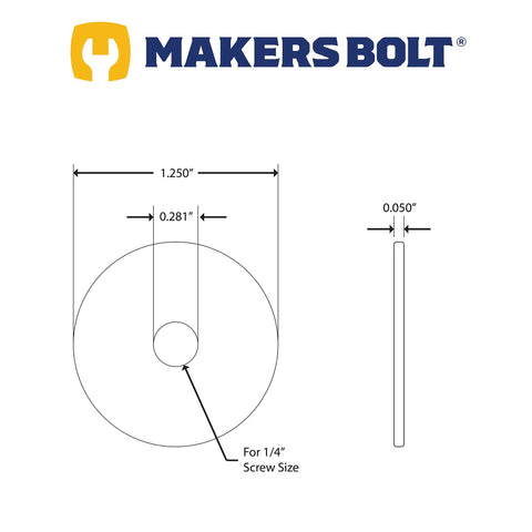 1/4in stainless Fender washer, 1.25in OD, 0.281in hole, 0.050in thick; 25-pack