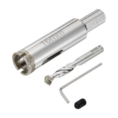 Diamond Drill Bit Hole Saw 16mm Core Cutter For Glass Tile Marble Porcelain Quartz Gemstone Aquariums With Center Guiding Bit Five Eighths Inch 10mm Shank 76.5mm Length Pro Grade, showing component parts