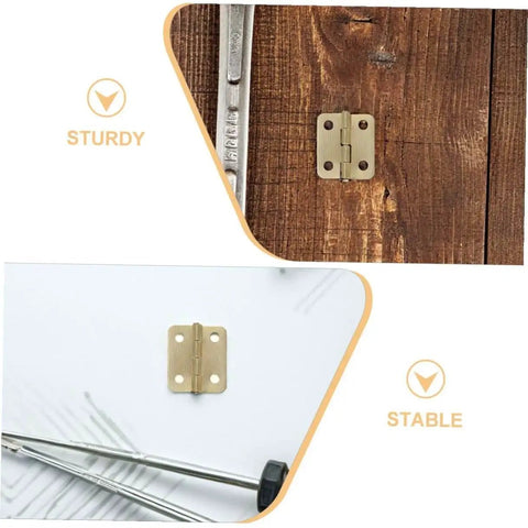 Miniature Iron Cabinet Hinges With Screws 40pcs for jewelry boxes and wood cases, gold finish, shown on wood and white backgrounds