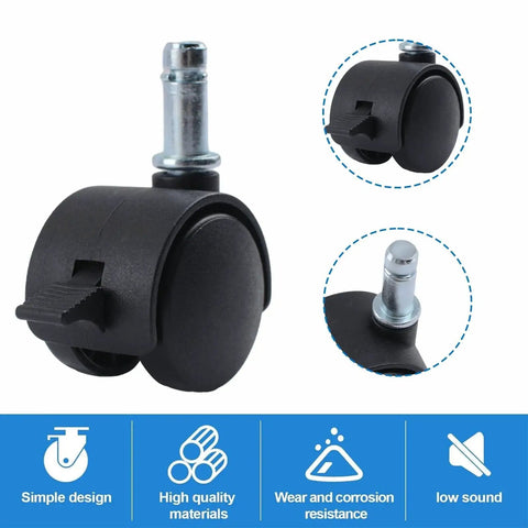 M8 Circlip Stem Caster Wheels Five Pack Heavy Duty Black Nylon Casters With Brakes for furniture, shown close-up