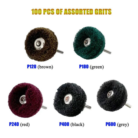 Buffing Wheel Set 100 Pack Pro Grade For Metal Polishing Rotary Tool Accessories 1 Inch Diameter With 5 Grits Display