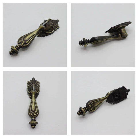 Antique Brass Drop Pull Handles 4 Pack Featuring Ornate Pendant Drawer Knobs With European Scrollwork Base Zinc Alloy Hardware