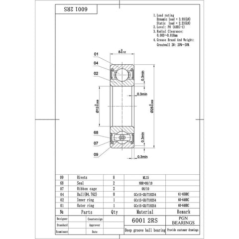 6001-2RS bearing technical drawing; chrome steel sealed ball bearing with rubber seal, 12x28x8mm.