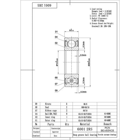 Technical drawing of 2-Pack 6001-2RS Sealed Ball Bearing 12x28x8mm, Lubricated Chrome Steel with dimensions and specifications