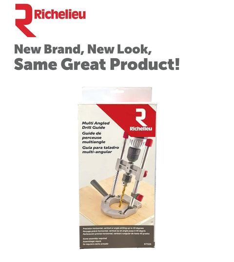 Packaging of Multi Angled Drill Guide Attachment For On Site Drilling And Woodworking For One Quarter Inch And Three Eighths Inch Drills, Adjustable Up To Forty Five Degrees With A V Channel Base That Grips Curved Objects Up To Three Inches.