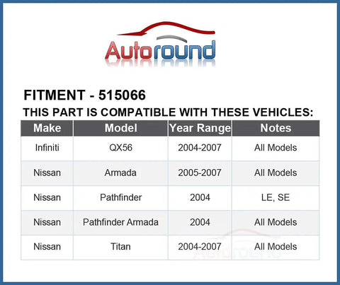 Infiniti and Nissan vehicle compatibility chart for Front Wheel Bearing Hub Assembly 515066 6 Lug With ABS For Nissan Titan Armada