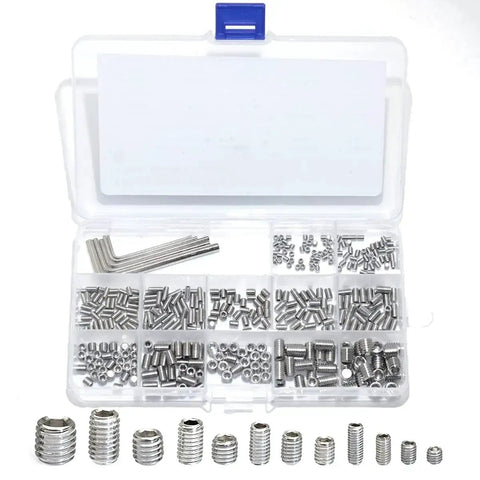 Stainless Steel Set Screws Kit With SAE And Metric Allen Head Socket Hex Grub Screws For Bathroom Fixtures And Door Handles From M3 To M8 And One Eighth To Five Sixteenth Inch Threads in a case with hex wrenches