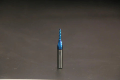 Single Flute Upcut Spiral End Mill For CNC Router Use With NACO Coating For Smooth Plastic Cutting Mirror Finish One Eighth Diameter One Half Inch Cutting Height One Quarter Shank Two Inch Length UT188 shown front view