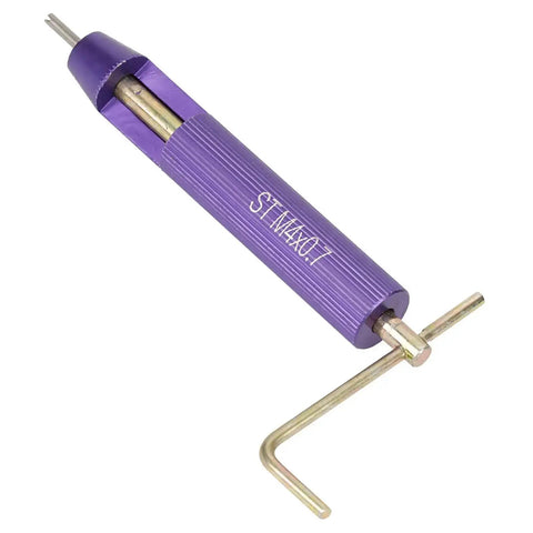 Stainless Steel Helicoil Thread Repair Kit Set For M4 X 2D Screws, 50 Pieces showing insert tool with purple handle.
