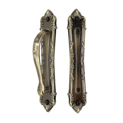 Heavy Duty Sliding Barn Door Pull Handle Bronze Set With Large Rustic Two Sided Design in antique tone, side view