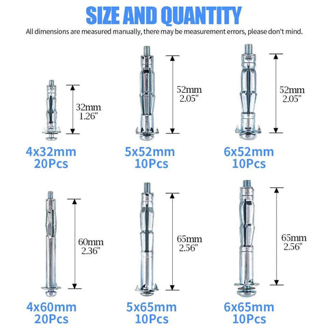 Heavy Duty Zinc Plated Steel Molly Bolt Wall Anchors Assortment Kit 80Pcs In 6 Sizes For Drywall Plaster And Tile with size details
