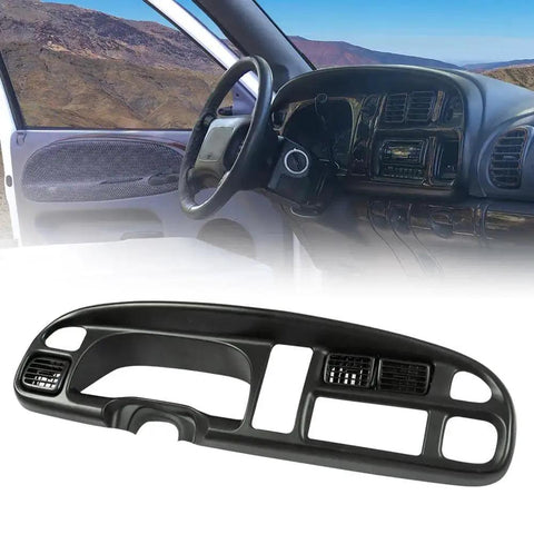 Dashboard Bezel Cover For Dodge Ram 1998 To 2002 Instrument Panel, black trim piece shown in vehicle interior and separately