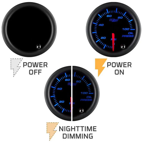Tinted 7 Color Oil Pressure Gauge Kit With 0 To 100 PSI Range, Includes 1/8-27 NPT Electronic Sensor, multi display modes.