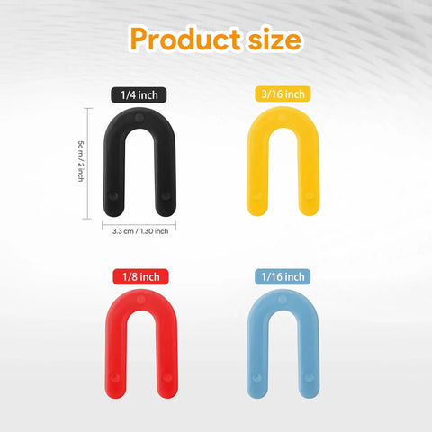 Color Coded Plastic Horseshoe Shims For Leveling Tiles And Windows 600 Pieces showing size and thickness in four colors