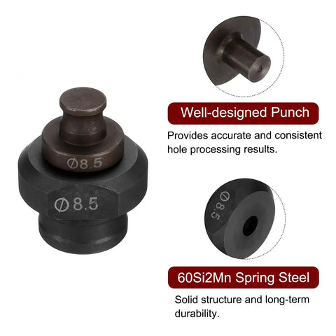 Close-up of 8.5mm hydraulic hole punch die kit, highlighting 60Si2Mn spring steel, designed for precise round holes in electric punching machine.