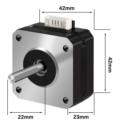 Front view of a 42x23mm Nema 17 Stepper Motor with 4 lead wire, showing dimensions and shaft component.