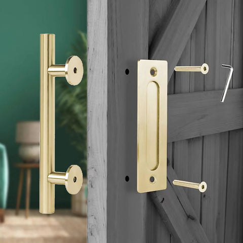 Dope 12 Inch Brushed Brass Gold Barn Door Handle Kit With Solid Aluminum Pulls And Flush Handles Heavy Duty Sliding Door Hardware