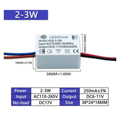 Two Pack LED Isolation Driver for Spotlight Downlights, 2-24W Range, 250mA Constant Current Transformer, AC110-265V Input, DC6-11V Output, Industrial Grade Power Supply, showing dimensions and specifications.