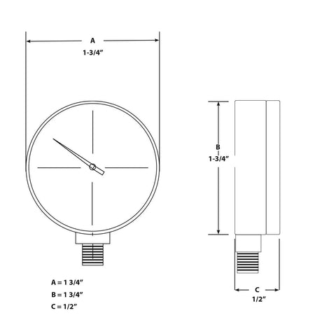 Performance Tool W10055 air gauge, 0–200 PSI; front and side views show circular dial with threaded outlet.