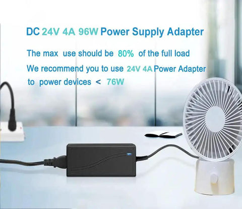 Beefy 24V DC Power Supply 4A 96W 100 240V AC To 24V DC Switching Adapter connected to a small fan on a table
