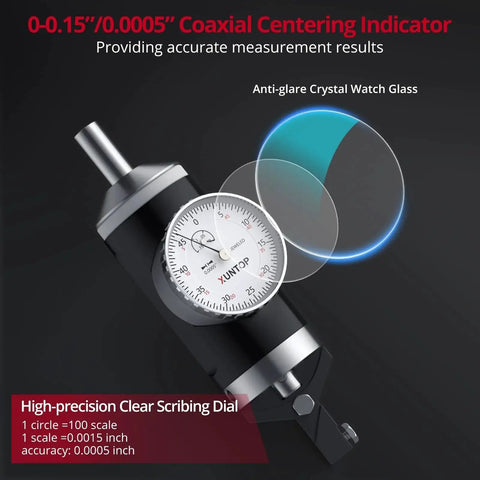 Coaxial Centering Indicator For Milling And Boring Machines With 0 To 0.15 Inch Travel And 0.0005 Inch Precision, 100 RPM Coaxial Indicator With 6 Feelers For Accurate Workpiece Center Alignment XUNTOP, featuring anti-glare crystal watch glass and high-precision scribing dial.