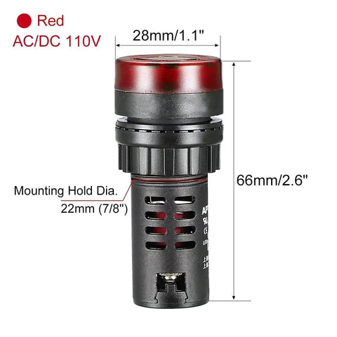 Red Indicator Light With Buzzer, 110V AC DC, 22mm Panel Mount, size details, for Control Panels, HVAC, DIY Projects