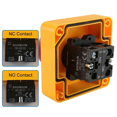 Internal view of Red Emergency Stop Push Button Switch With Key 660V 1NO 1NC 10A Latching ON OFF Beefy Heavy Duty Includes Box and Two Keys