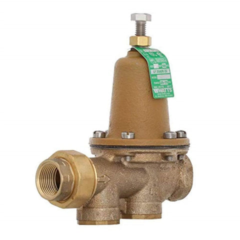 Watts LF25AUB-Z3 water pressure reducing valve, brass body with green tag, 3/4 in NPT female unions, polymer seat