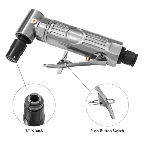 Right Angle Air Die Grinder Kit With Twenty Two Roll Lock Two Inch Sanding Discs And Quarter Inch Pneumatic Die Grinder Tool Mini Angle Grinder For Grinding Polishing Deburring In Tight Spaces Up To 20000 RPM And 90 Degree Head Design shown with 1/4 inch chuck and push-button switch