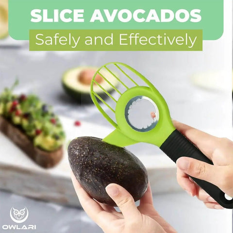 All In One Fruit Prep Tool Set Stainless Steel 3 In 1 Apple Slicer Pineapple Corer And Slicer Avocado Cutter in use with avocado