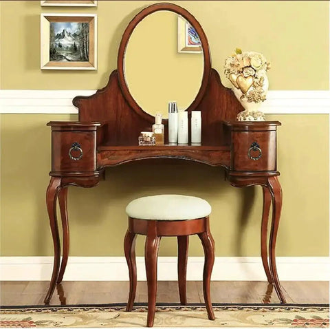 Wooden dressing table with mirror and stool, featuring retro bronze drop ring cabinet pulls on drawers.