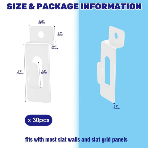30Pcs Slatwall Notch Hooks dimensions for display panels and pegboard hangers, white slatwall accessories for organization