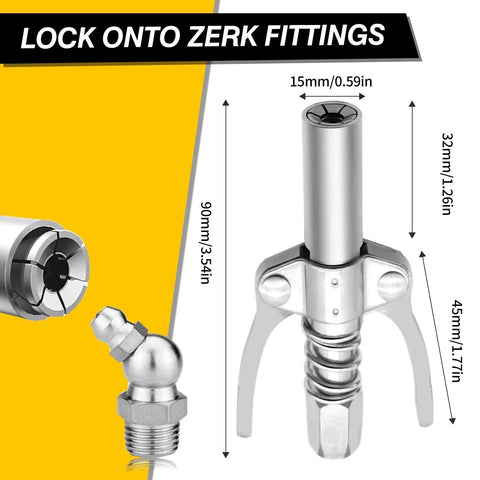Grease Gun Coupler With Double Handle Quick Lock Release, Six Jaw Design for a Beefy No Slip Seal, Zinc Coated, 10k PSI Rated, Compatible with All Grease Guns, One Eighth Inch NPT Fittings, One Piece, dimensions shown on diagram.