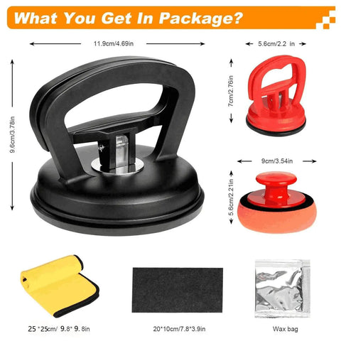 Comprehensive Dent Puller Kit For Cars Three Pack, featuring a large 4.69" puller, two smaller suction cups, and accessories.