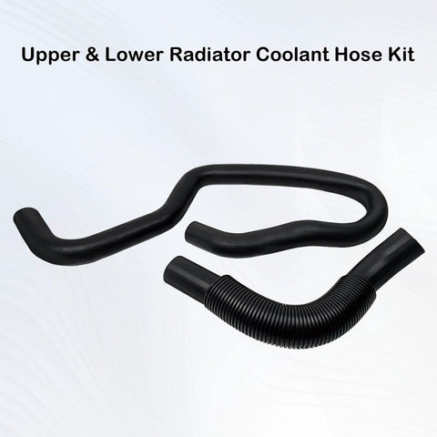 Upper and lower radiator coolant hose kit; two black rubber hoses, one smooth curved hose and one ribbed hose.