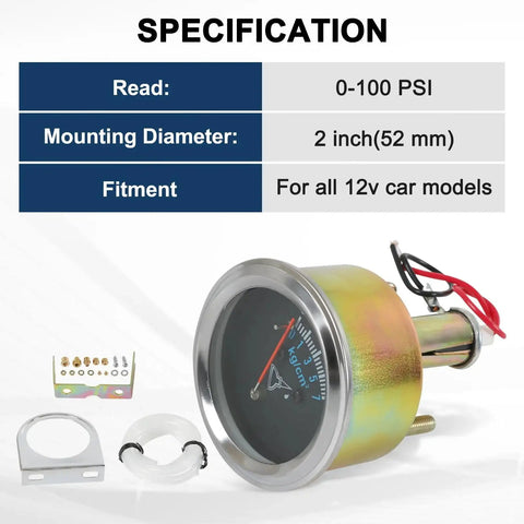 Oil Pressure Gauge Kit 0-100 PSI For All 12V Cars Universal Fit 2 Inch Dial 52mm Chrome Black With Night Light Illumination