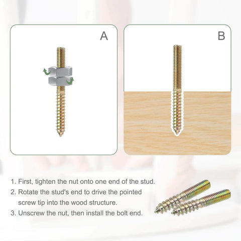 M8 Hanger Bolts Set For Wood, 3 Inch Length, Double Ended Self Tapping Bolts with installation guide, 8mm Screw Wood Dowels