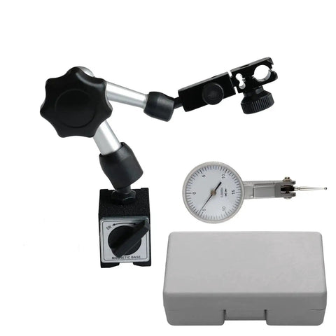 Ultra Precise Dial Test Indicator With Magnetic Base Stand And Storage Case For Machining And Metrology, 0 To 0.03 Inches Range, 0.0005 Inches Resolution, Brass Body, Includes Two Metal Dovetail Clamps 3/8 Inches And 5/32 Inches shown with components and case.