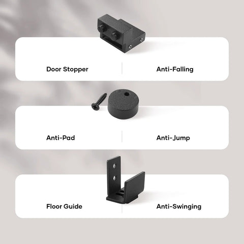 Image of door stopper, anti-pad, and floor guide components from 4 Ft Mini Cabinet Bypass Barn Door Hardware Kit With Single Track.