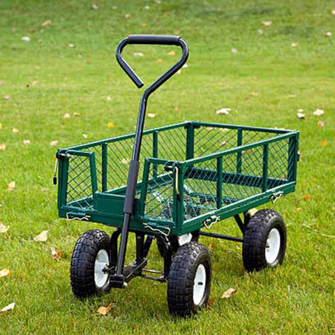 Green garden cart with 2-Pack Pneumatic Air Filled 10 Inch Hand Truck Wheels with 4.10/3.50-4 Tires on grass