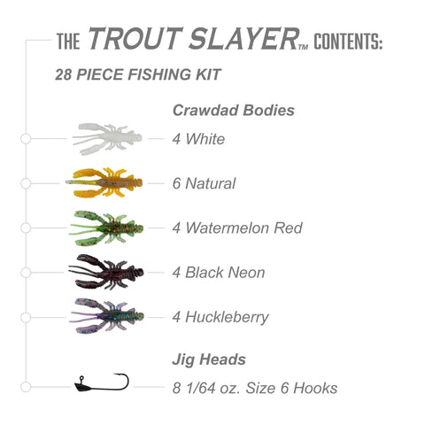 Slayer 28 Piece Fishing Kit With 20 Crawdad Bodies And 8 Size 6 Long Shank Hooks Perfect For Small Streams And Lakes Catches All Species